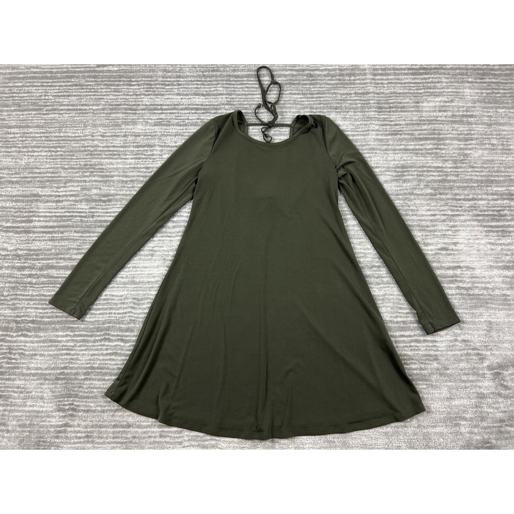 Forever 21 Skater Dress Womens Medium Olive Green Long Sleeve Strappy Tie Back